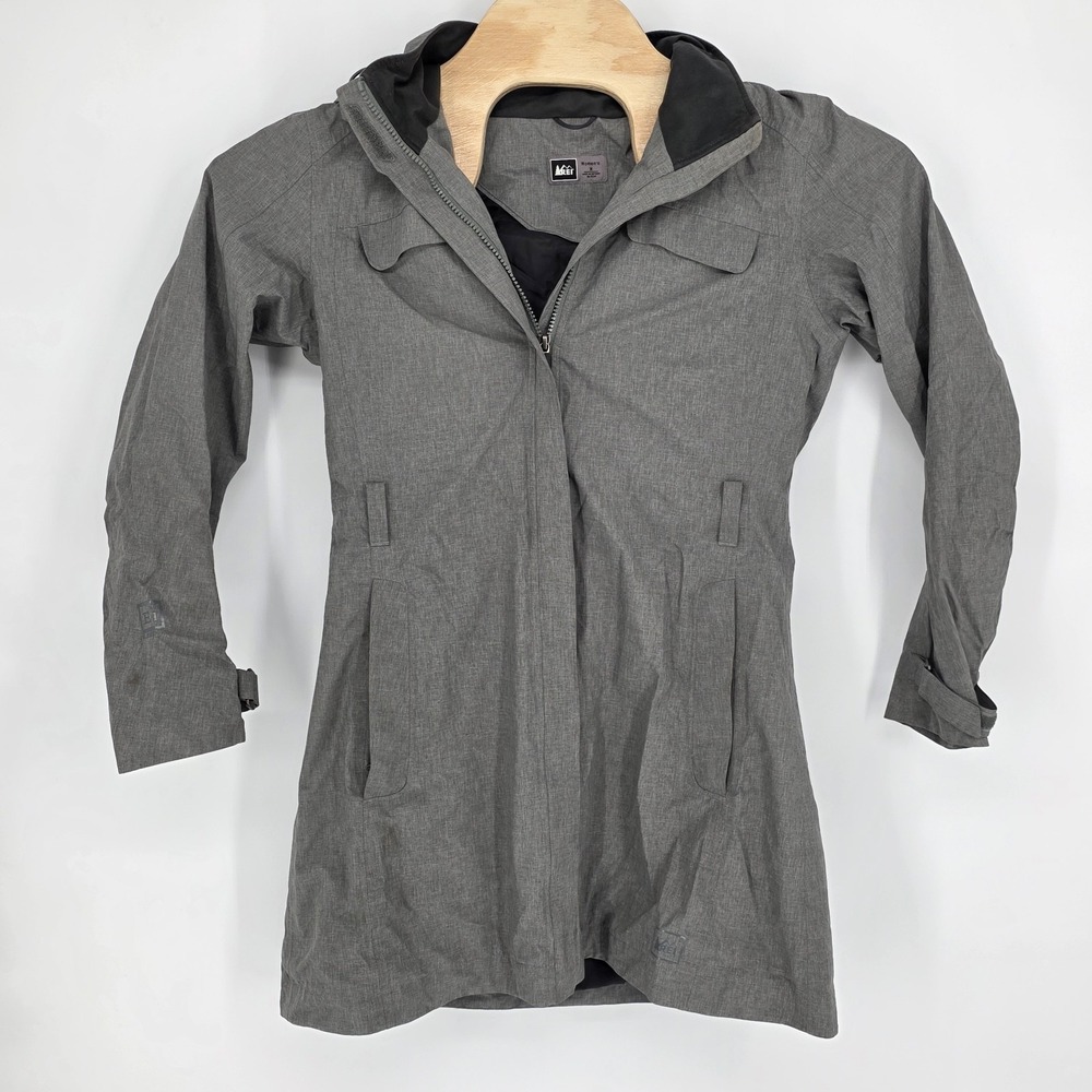 REI Co-op Hooded Rain Jacket Coat Removable Hood Water Repellent Gray Womens Med